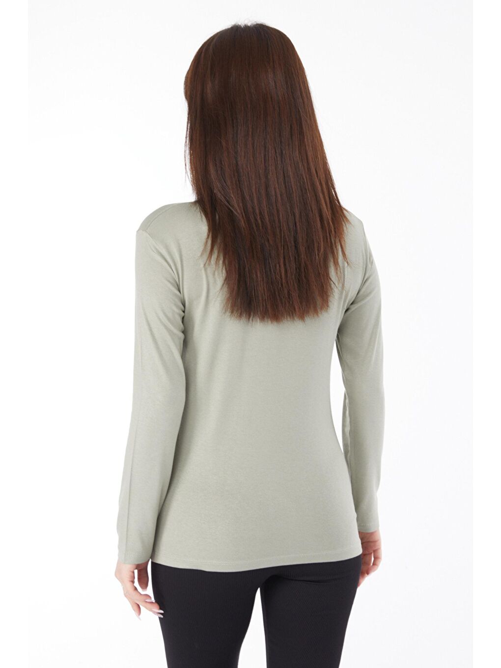 Bisiklet Yaka Kadın Haki Uzun Kollu Baskısız Badi - 24765-4
