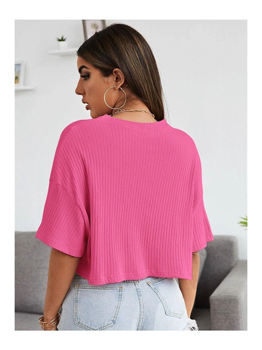 Trendseninle Pembe Kadın Pembe Oversize Fitilli Bel Crop Bluz - 3