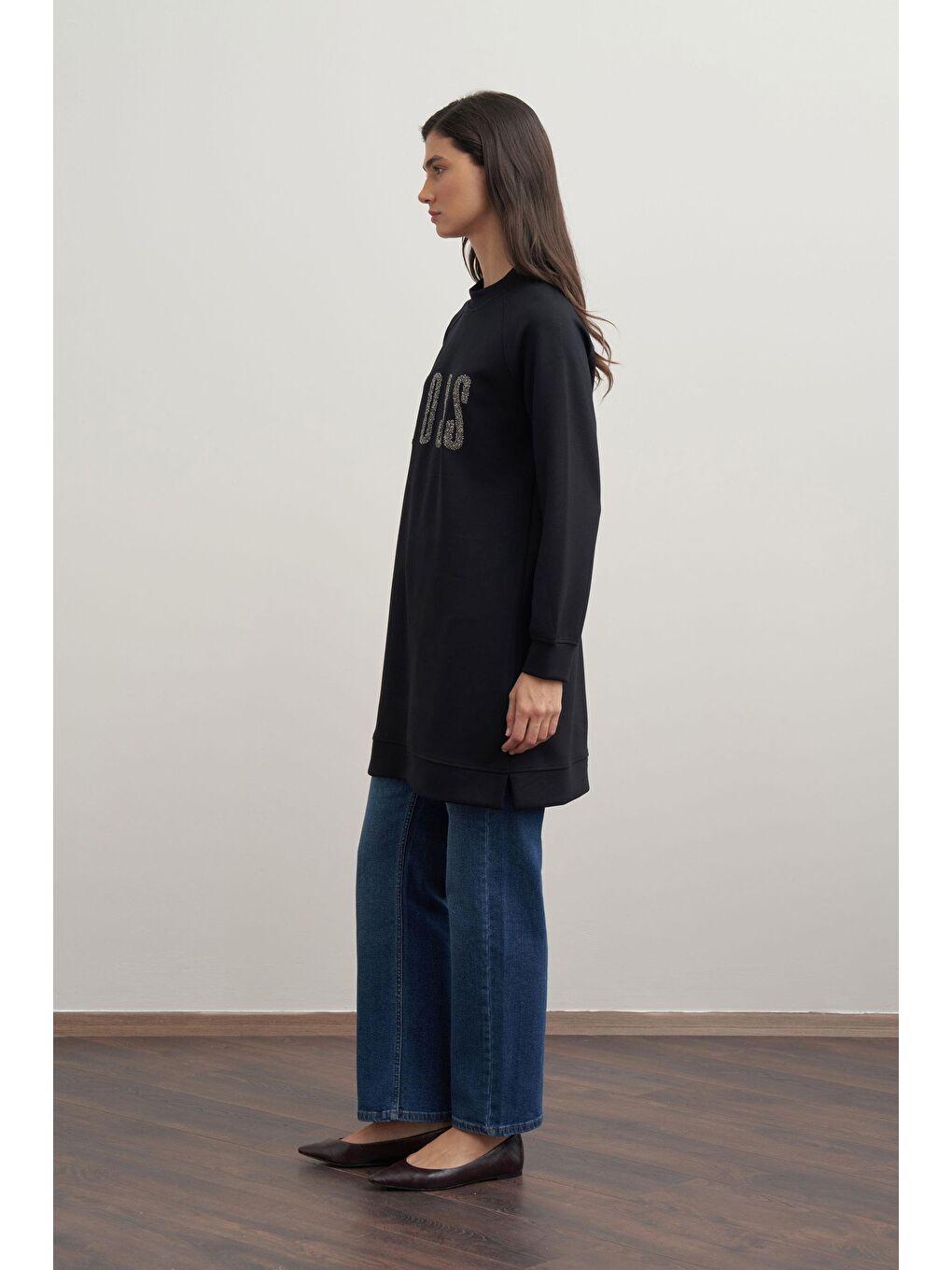 Siyah-Yumuşak Dokulu Baskılı Reglan Tunik-1