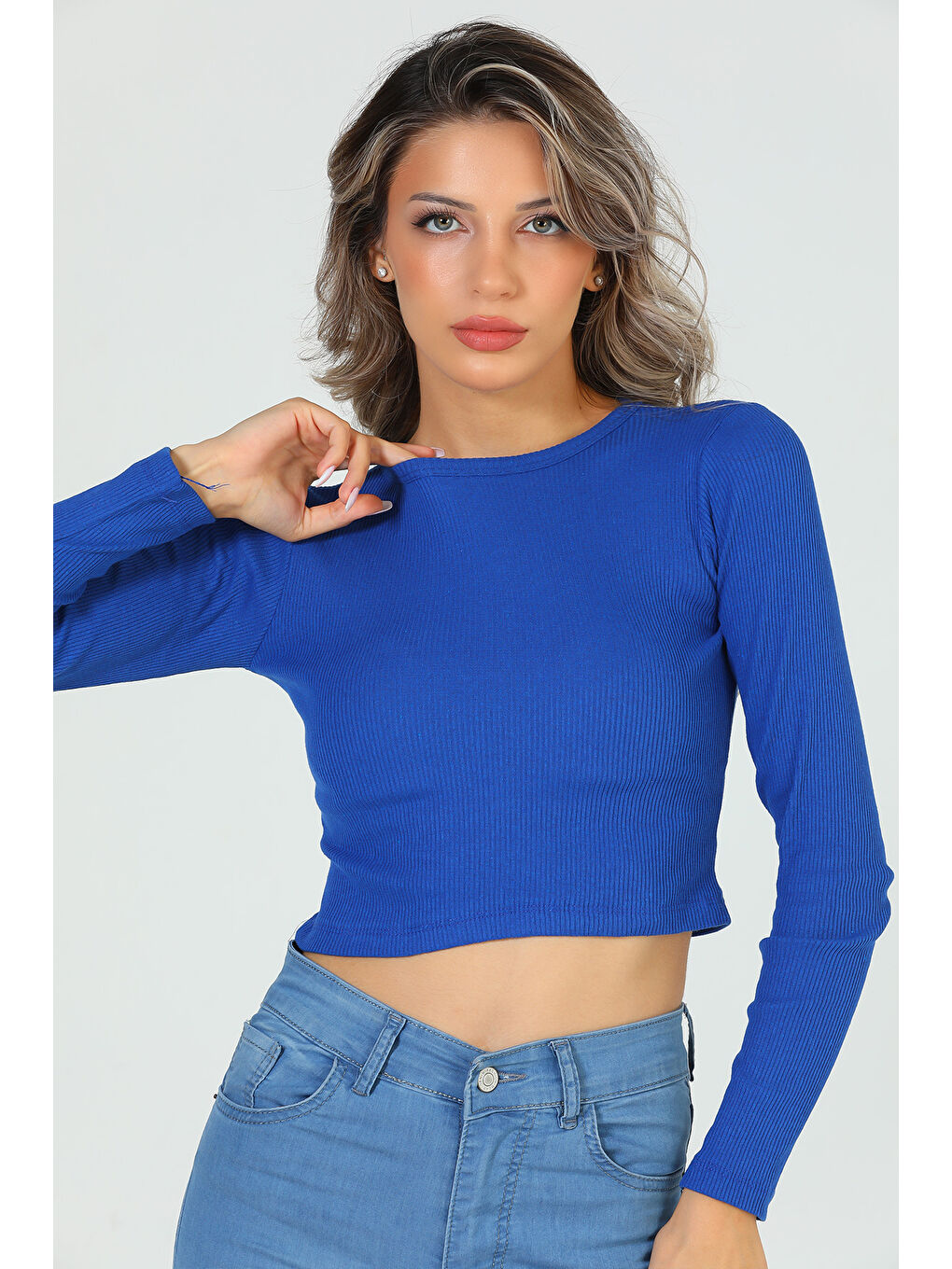 GÜLSELİ Mavi Kadın Bisiklet Yaka Kaşkorse Crop Body Bluz - 6