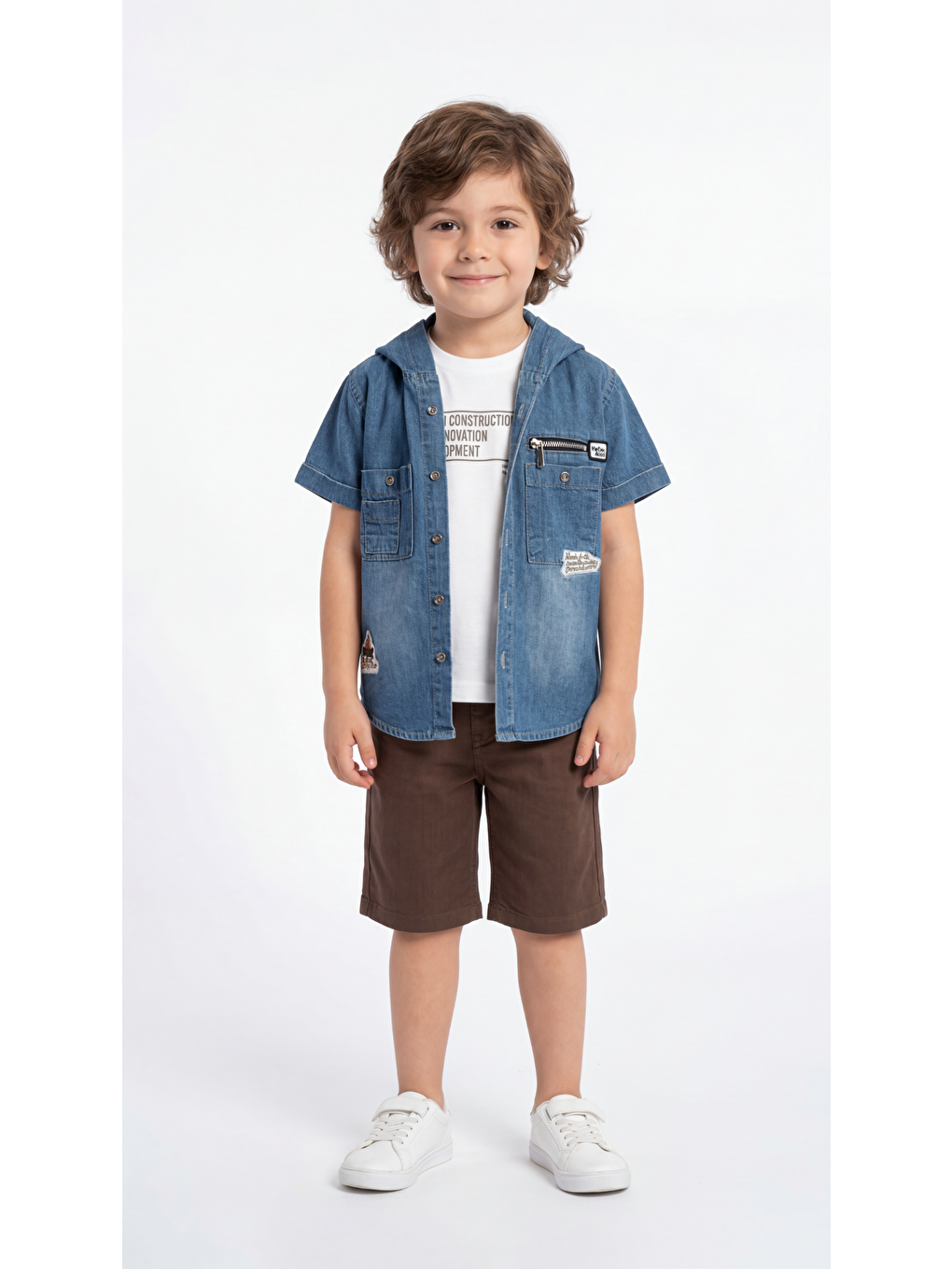 Kahverengi Baskılı Fermuarlı Cep Detaylı Erkek Çocuk Gömlek-Şort-Tişört Takımı