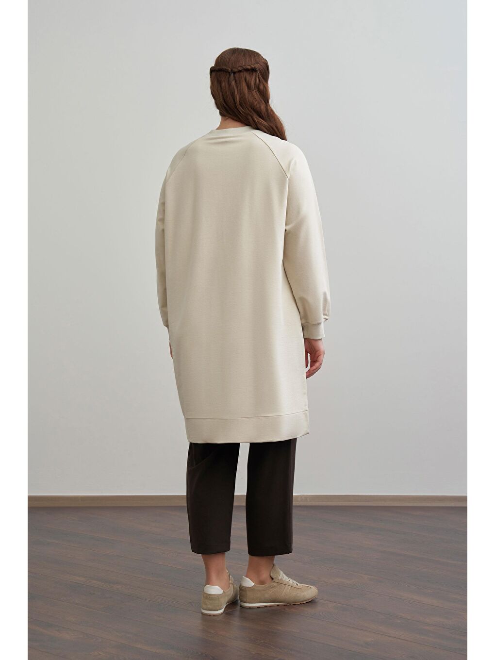 Bej Taş-Büyük Beden Pamuklu Yaprak Desenli Tunik-3