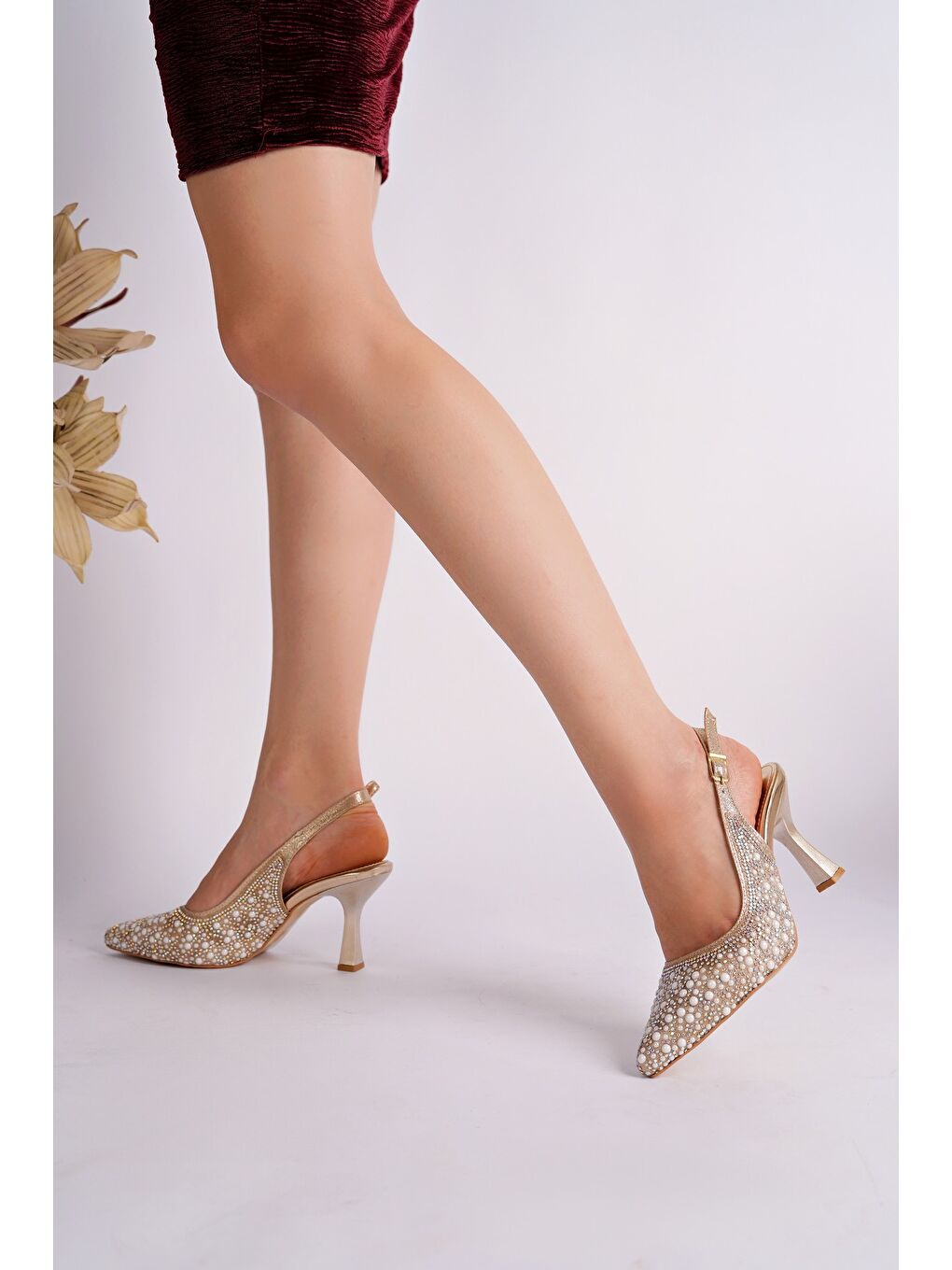 Sarı ELEGANT Taş ve İnci İşlemeli Arkası Açık Topuklu Abiye Ayakkabı-2