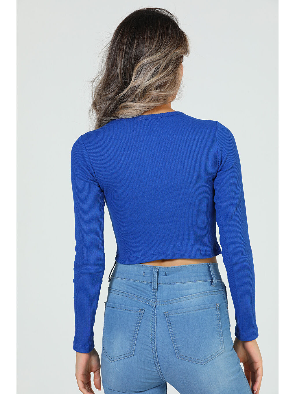 GÜLSELİ Mavi Kadın Bisiklet Yaka Kaşkorse Crop Body Bluz - 11