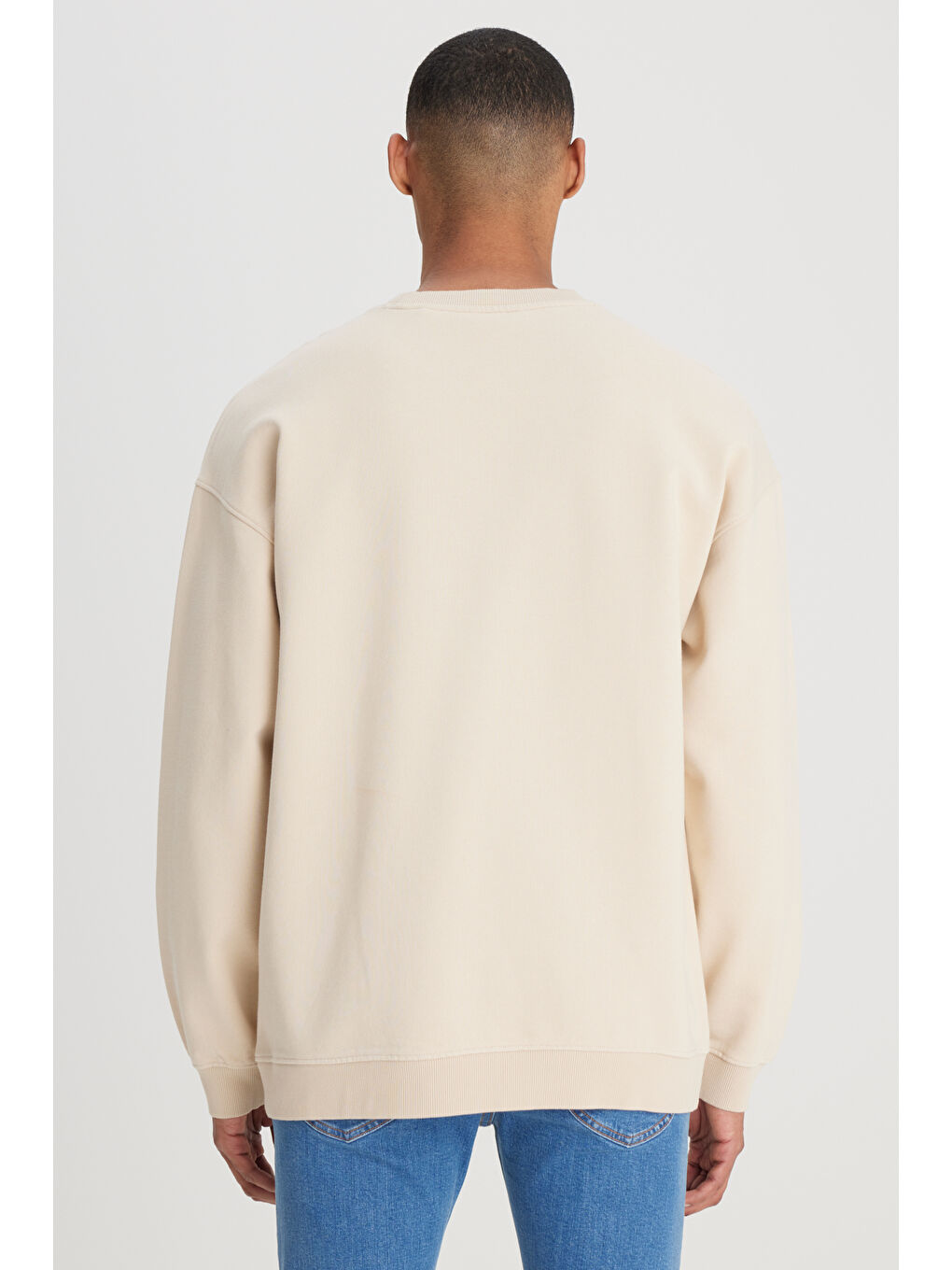 Loose Fit Rahat Kesim Bisiklet Yaka %100 Pamuk Ekru Sweatshirt-4