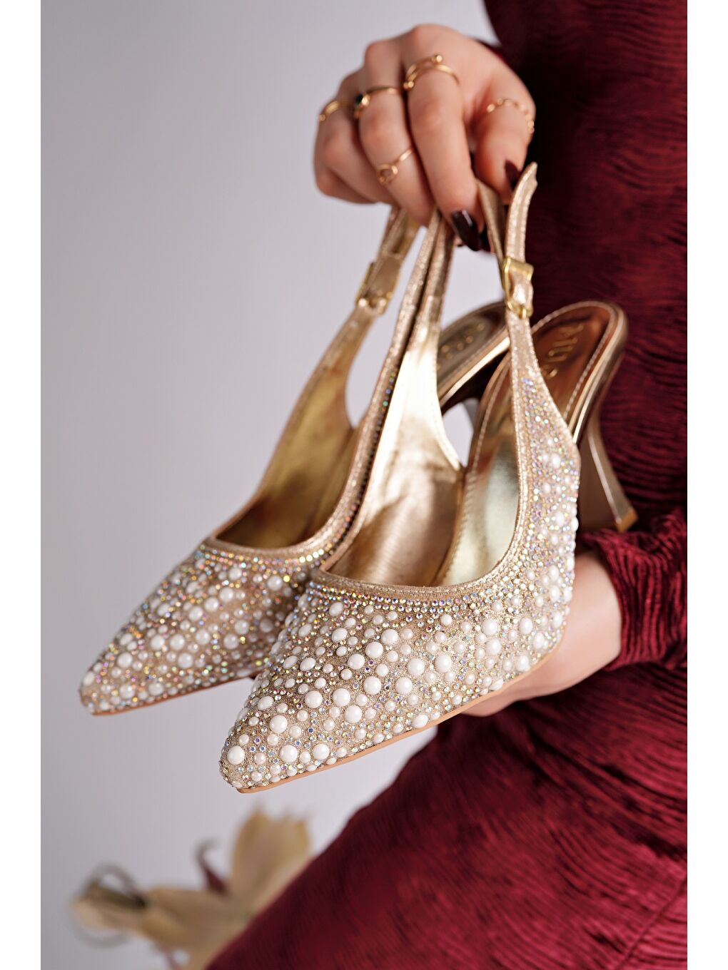 Sarı ELEGANT Taş ve İnci İşlemeli Arkası Açık Topuklu Abiye Ayakkabı-3