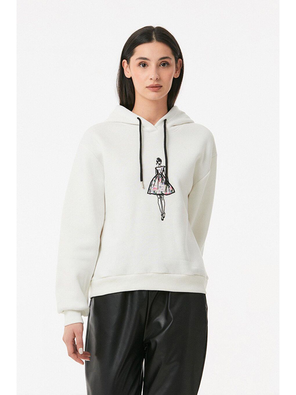 Ekru Nakışlı Kapüşonlu Sweatshirt-3