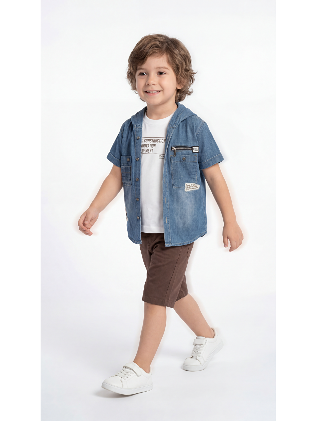 Kahverengi Baskılı Fermuarlı Cep Detaylı Erkek Çocuk Gömlek-Şort-Tişört Takımı-1