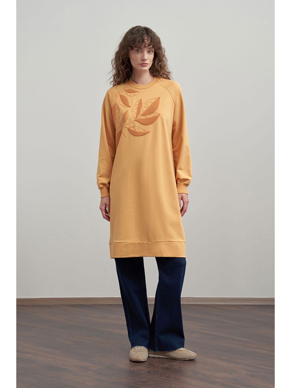 Kirli Sarı-Pamuklu Yaprak Desenli Tunik