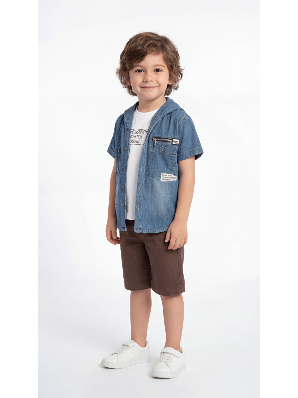 Kahverengi Baskılı Fermuarlı Cep Detaylı Erkek Çocuk Gömlek-Şort-Tişört Takımı-2