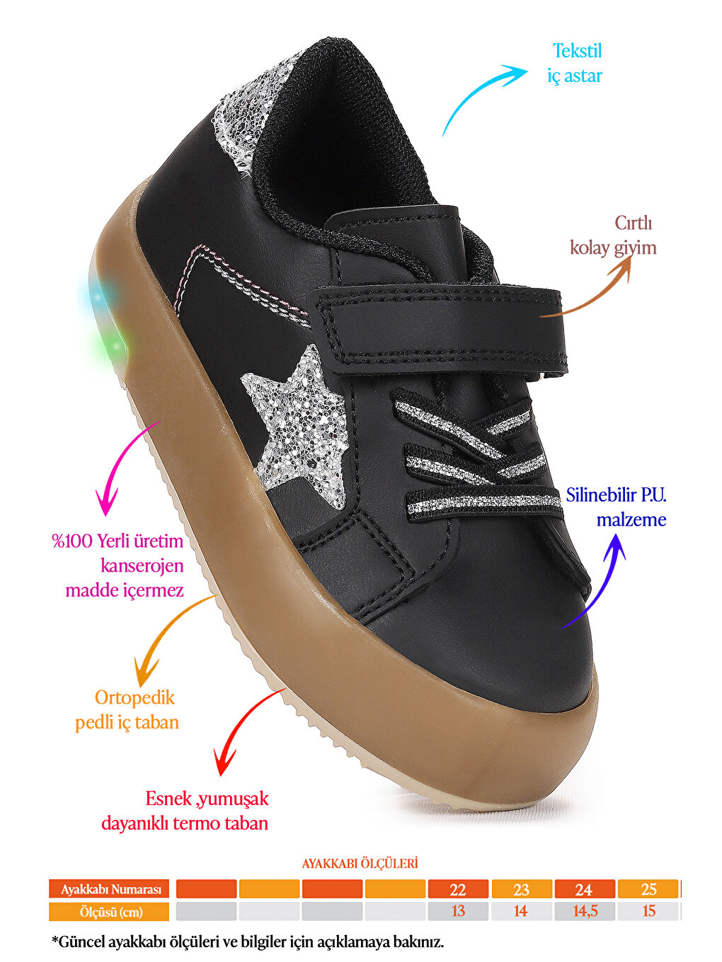 Siyah Rena Günlük Cırtlı Işıklı Kız Bebek Spor Ayakkabı-1