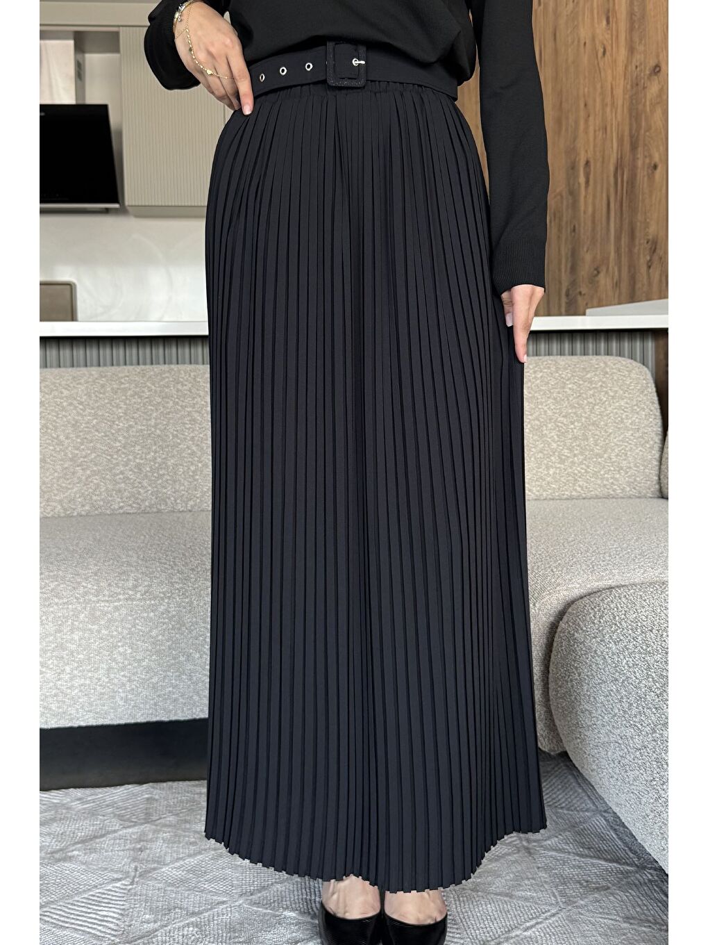 Siyah Kemerli Pileli Tesettür Etek (s,m,l,xl Uyumludur)