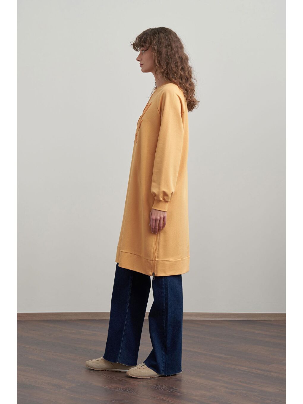 Kirli Sarı-Pamuklu Yaprak Desenli Tunik-1