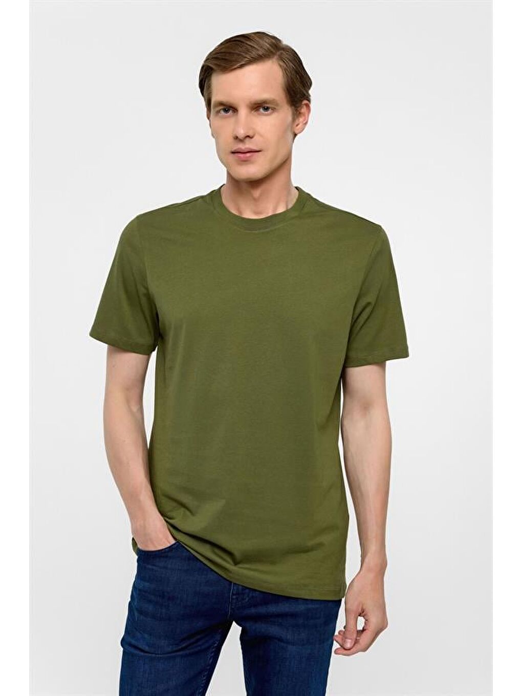 Koyu Yeşil Regular Düz Bisiklet Yaka Tişört-1