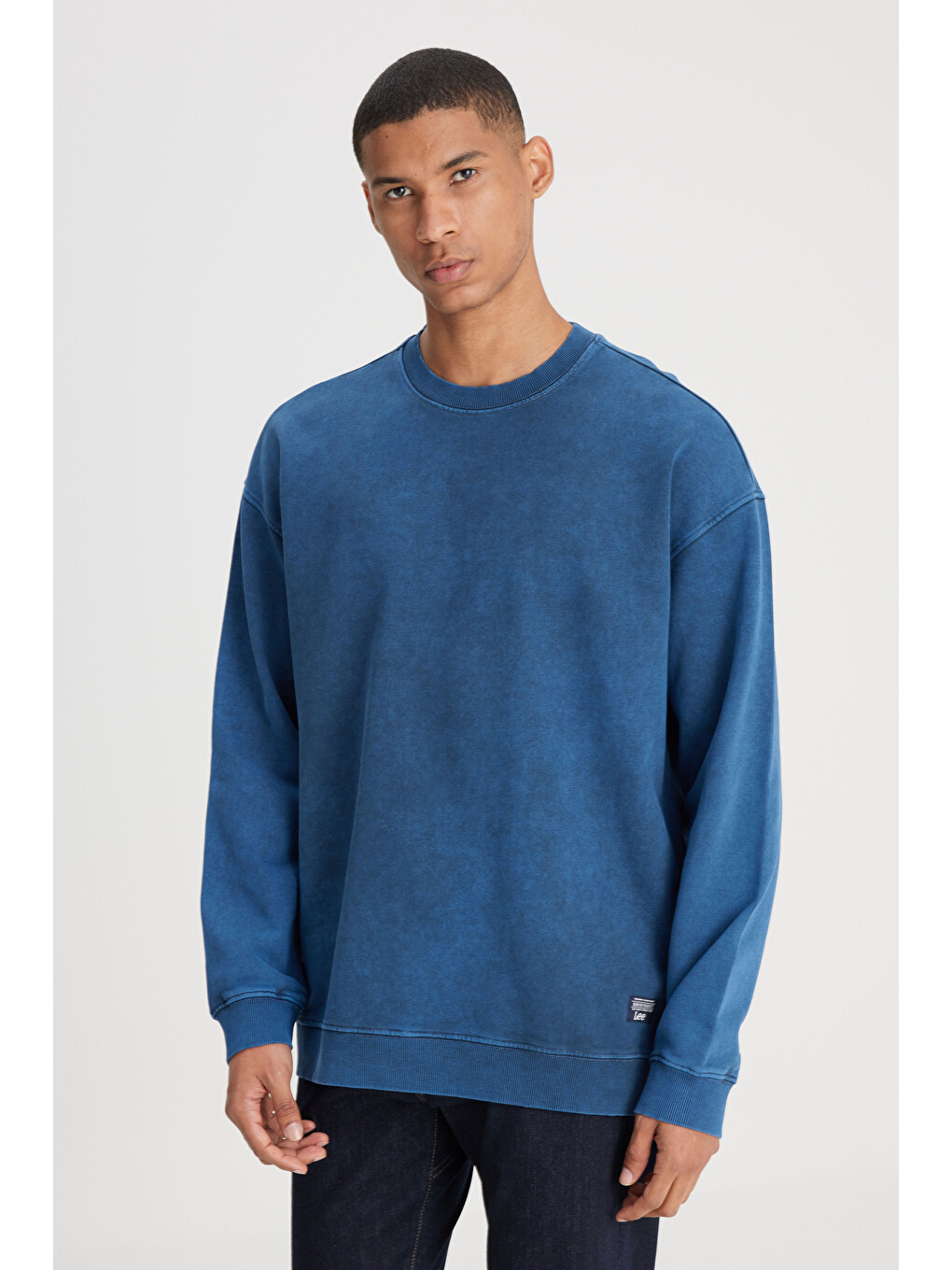 Loose Fit Bisiklet Yaka %100 Pamuk İndigo Sweatshirt
