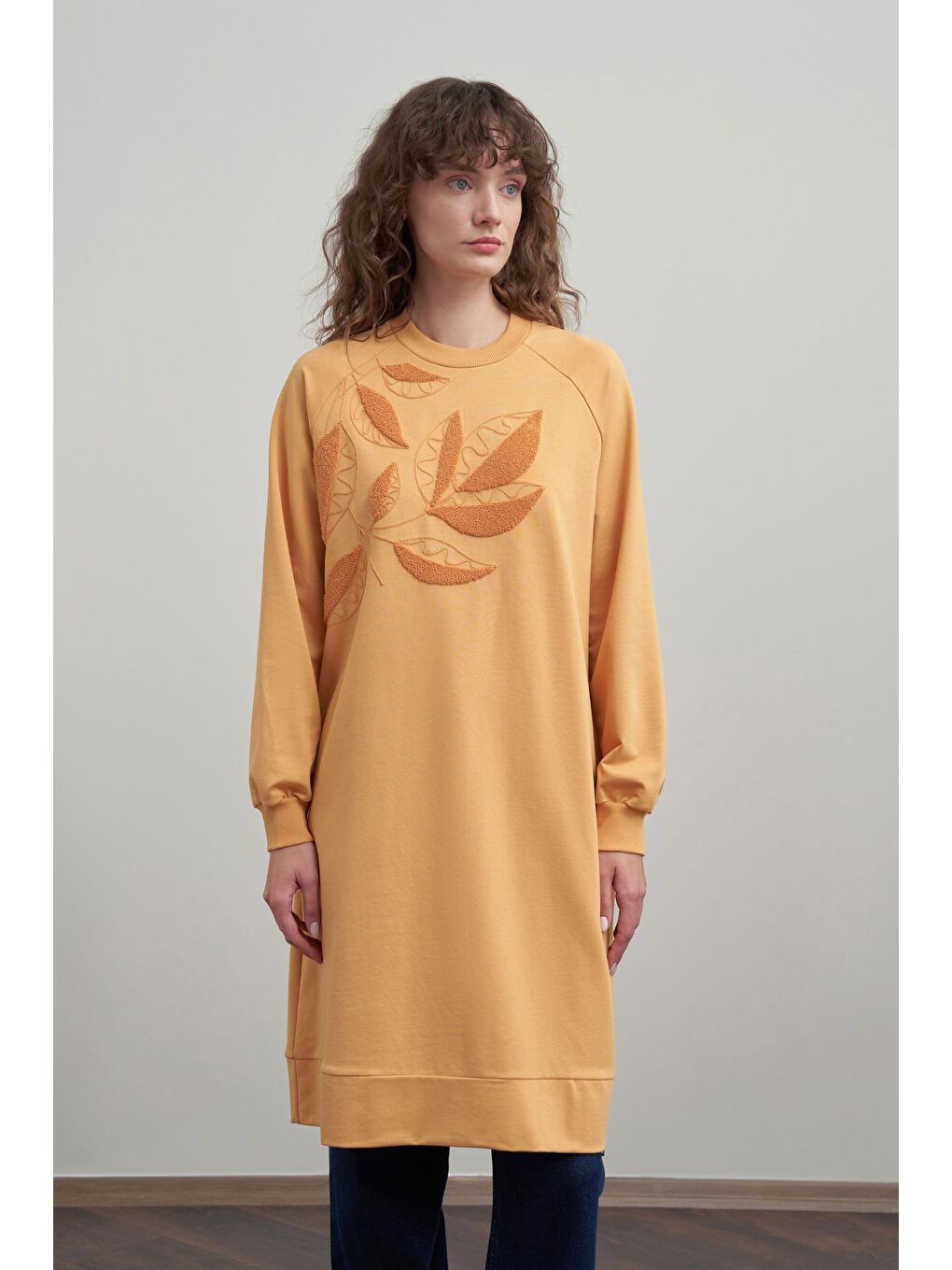 Kirli Sarı-Pamuklu Yaprak Desenli Tunik-3