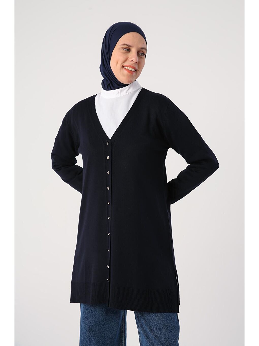 Lacivert V Yaka Uzun Triko Hırka-1