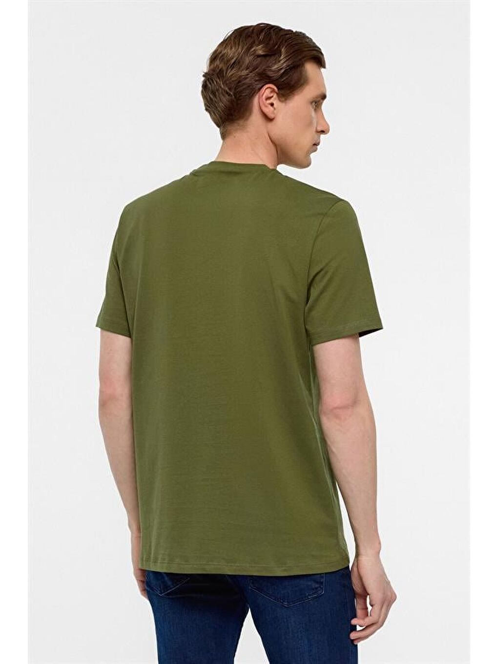 Koyu Yeşil Regular Düz Bisiklet Yaka Tişört-3