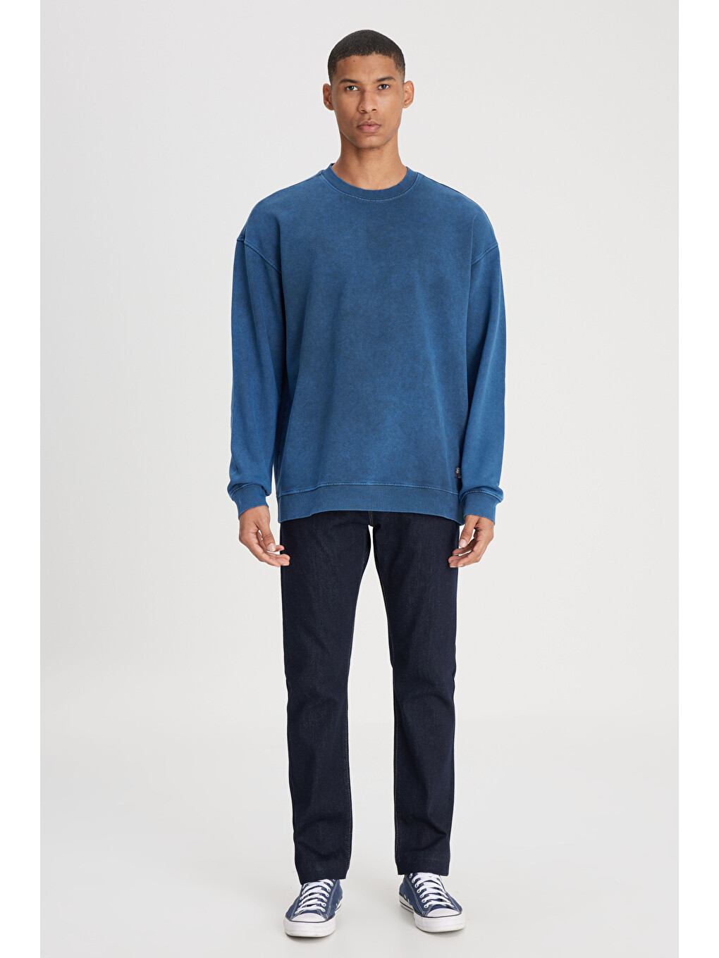 Loose Fit Bisiklet Yaka %100 Pamuk İndigo Sweatshirt-2