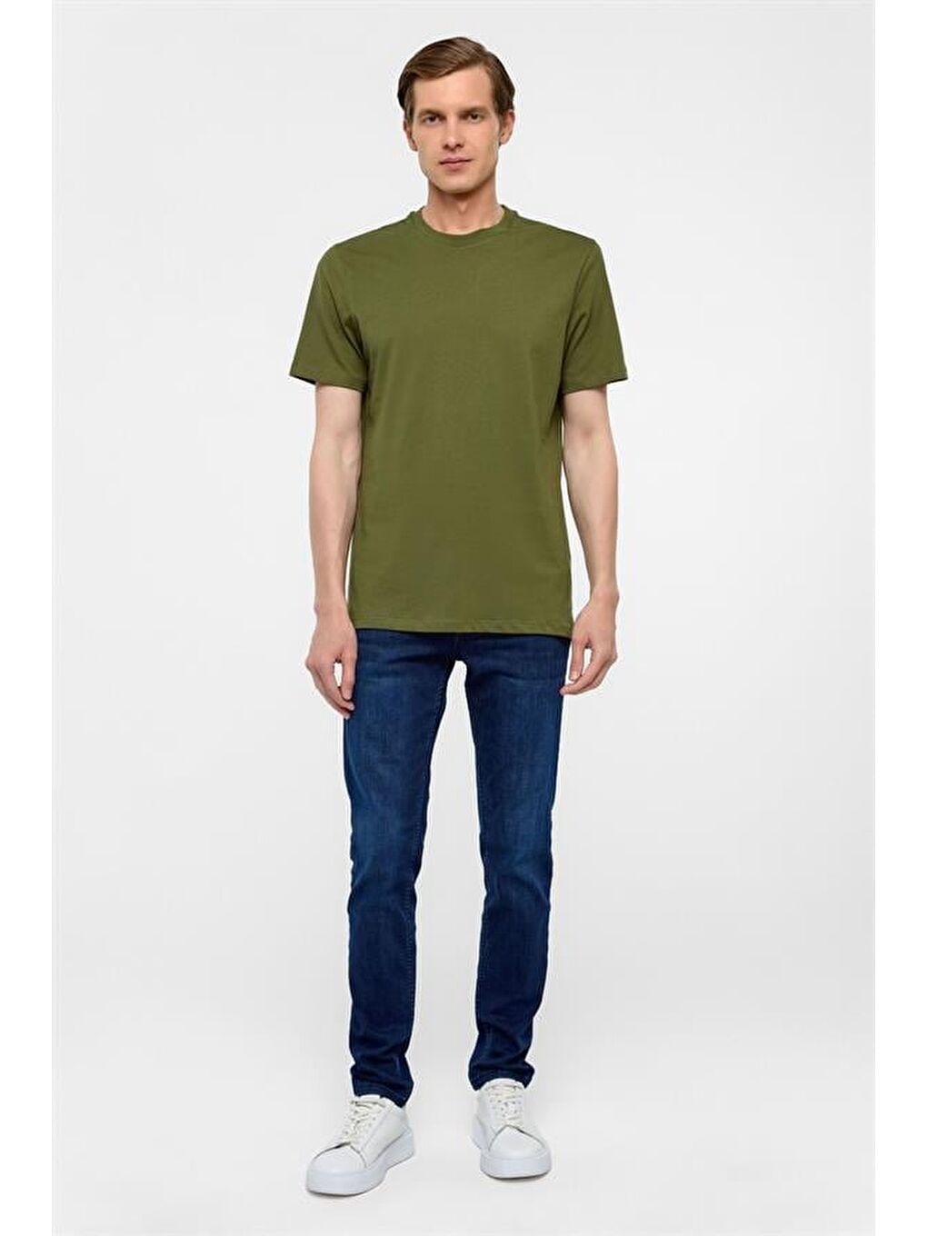 Koyu Yeşil Regular Düz Bisiklet Yaka Tişört-5