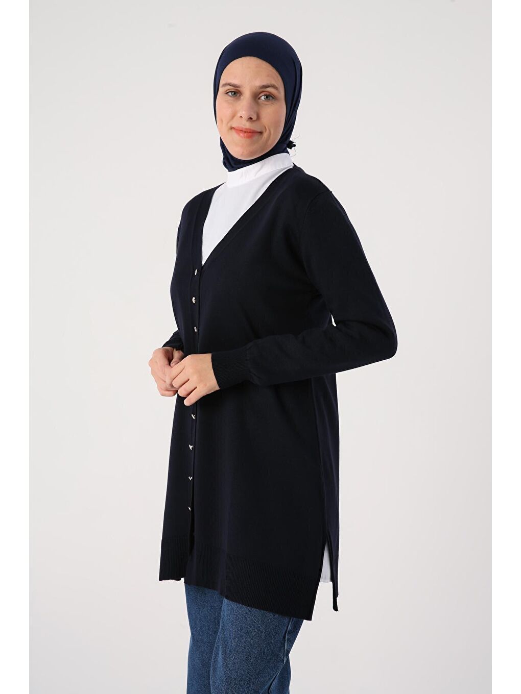 Lacivert V Yaka Uzun Triko Hırka-2