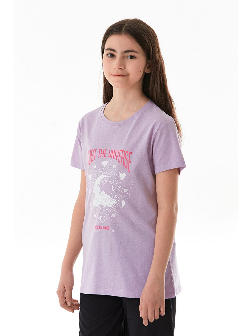 Lila %100 Pamuk Trust The Universe Baskılı Kız Çocuk Tişört-2