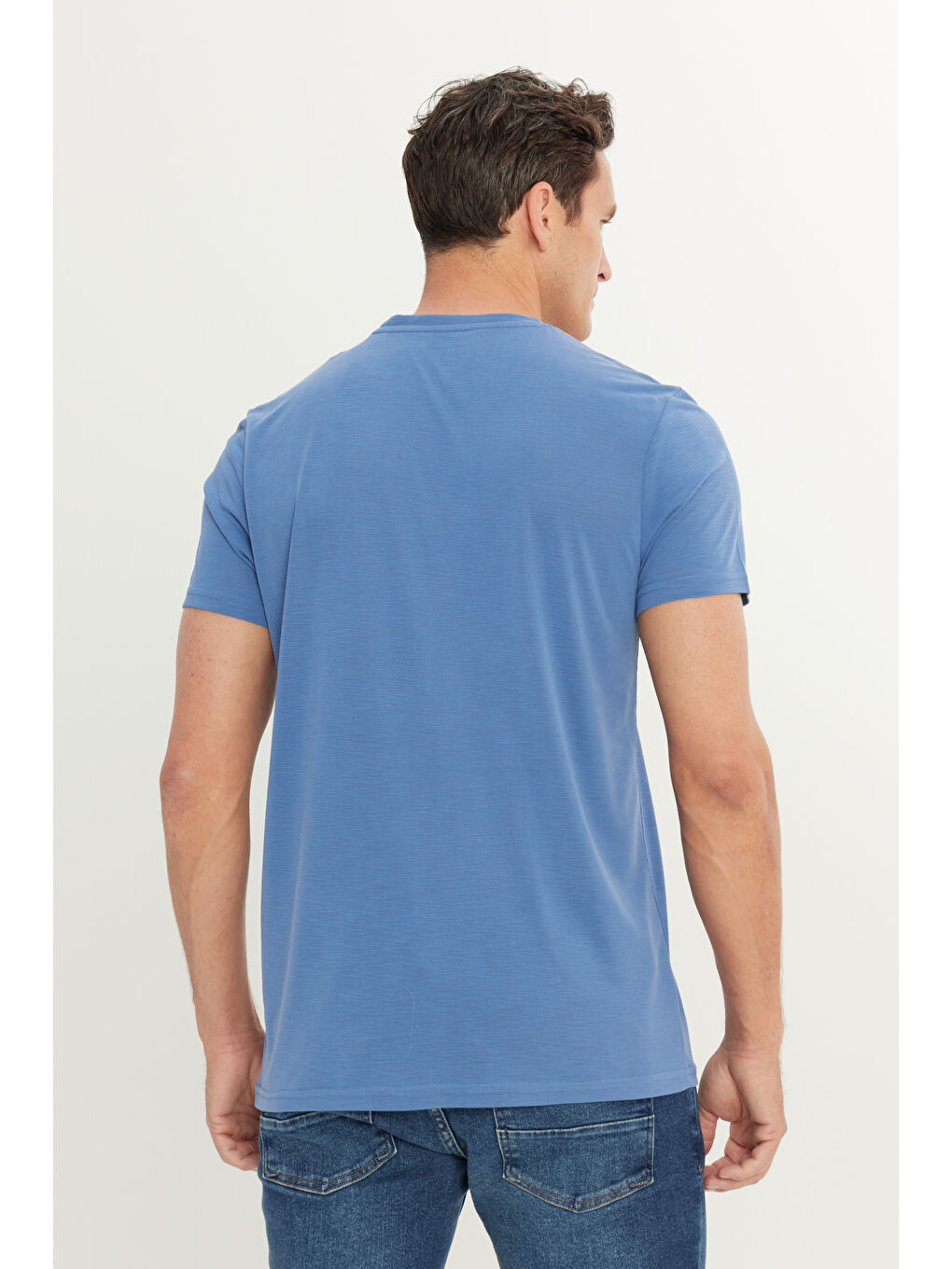 Erkek İndigo Yumuşak Dokulu Slim Fit Dar Kesim Bisiklet Yaka Tişört-4