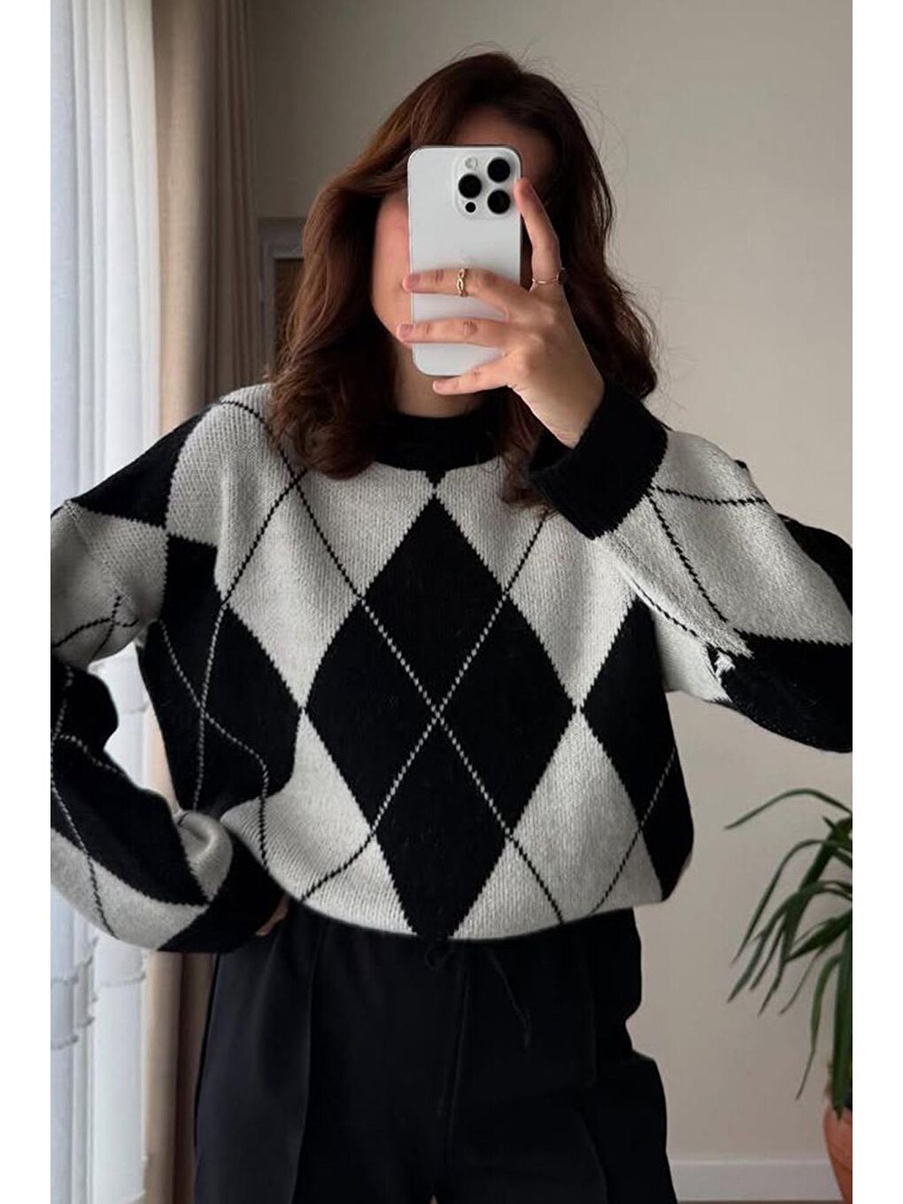 Madmext Beyaz Baklava Desen Kadın Triko Kazak Mg2190