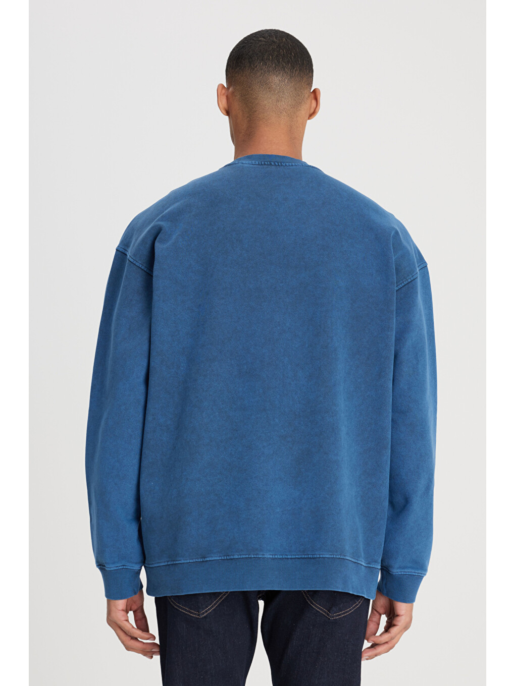 Loose Fit Bisiklet Yaka %100 Pamuk İndigo Sweatshirt-4