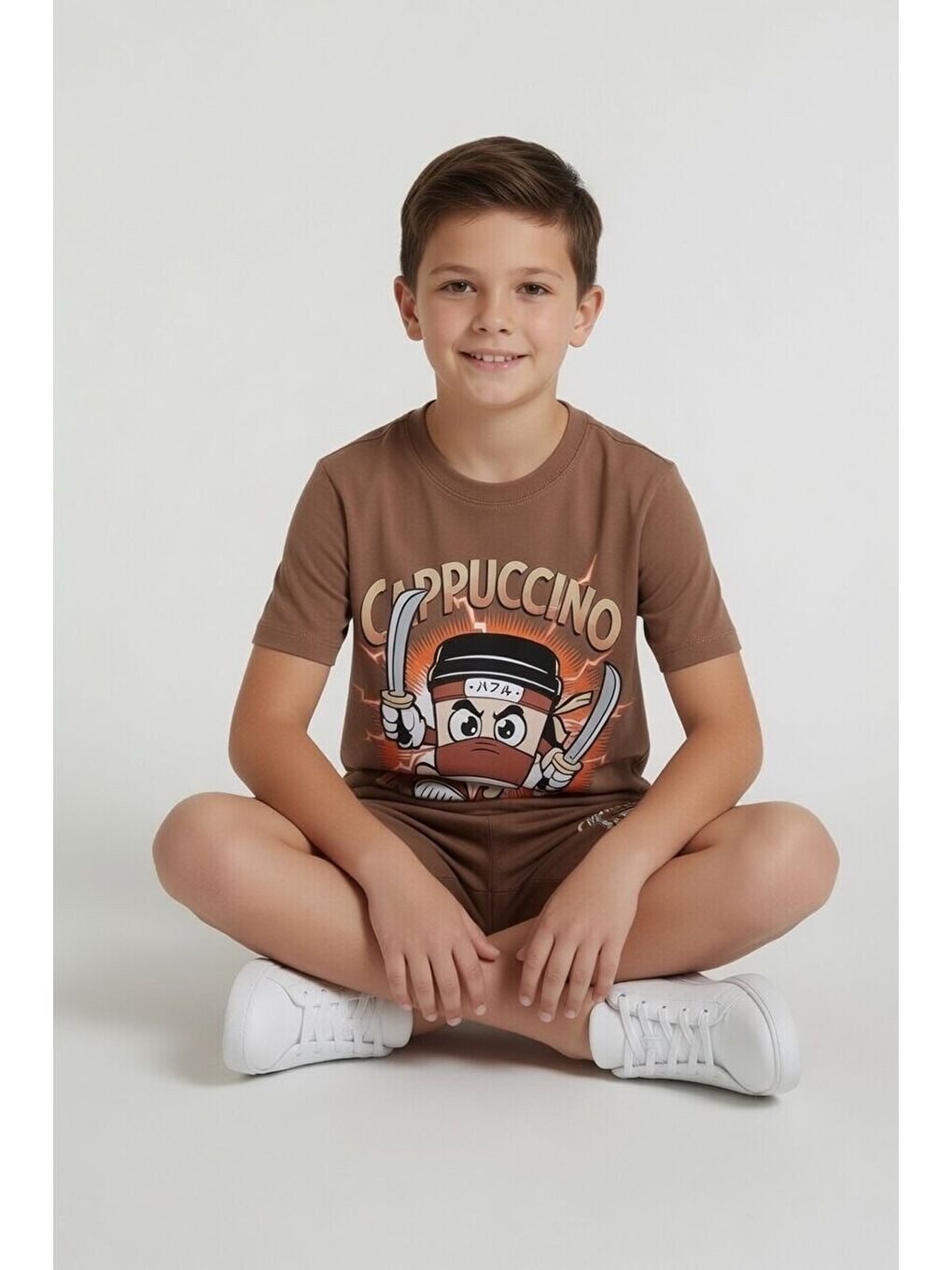 Kahverengi Karakter Baskılı Bisiklet Yaka Tişörtlü Erkek Çocuk Şortlu Takım 23843-2