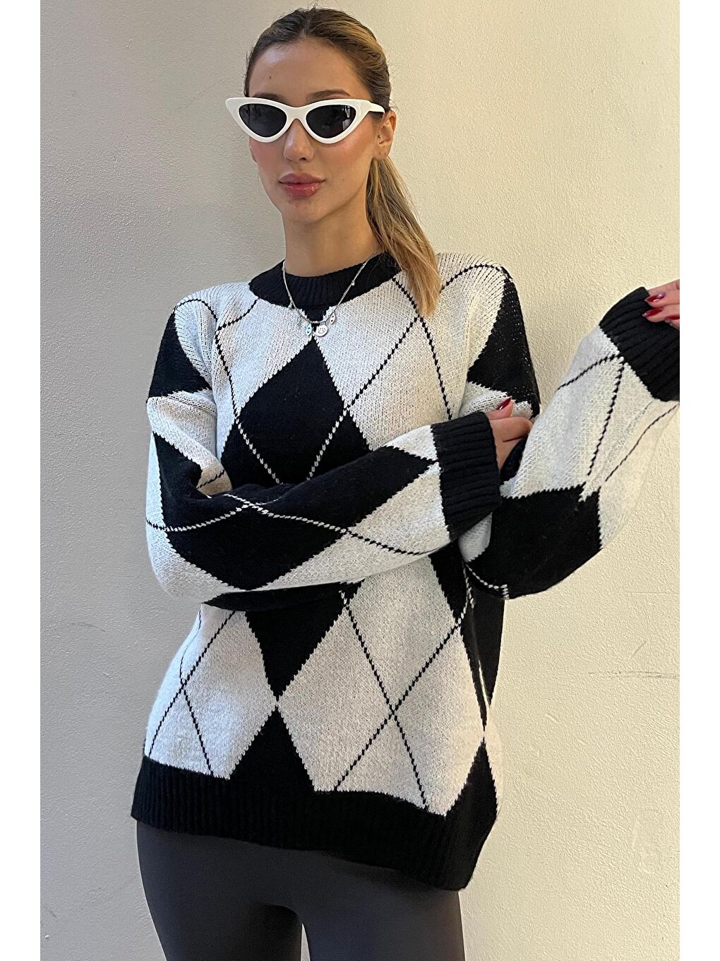 Madmext Beyaz Baklava Desen Kadın Triko Kazak Mg2190 - 3