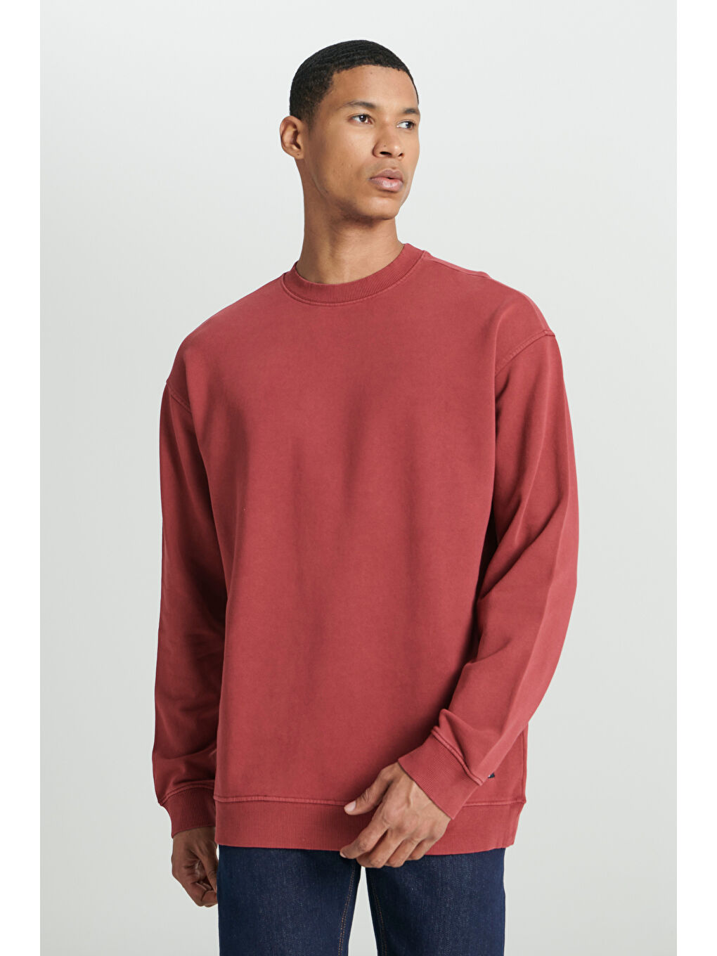 Pembe Loose Fit Rahat Kesim Bisiklet Yaka %100 Pamuk Gül Kurusu Sweatshirt