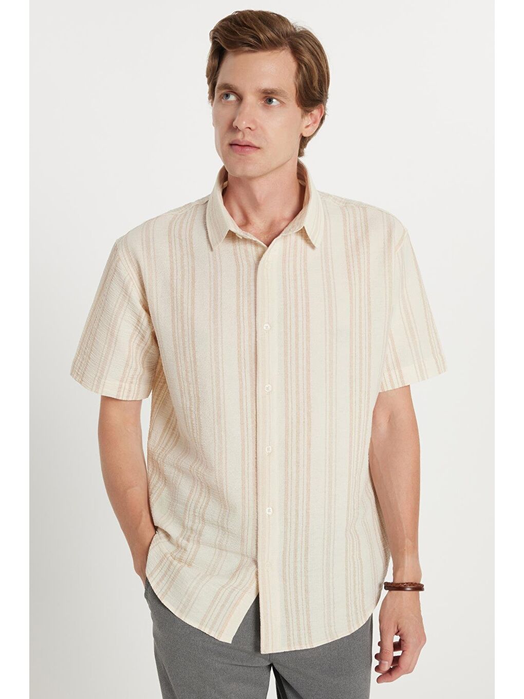 Karışık Erkek Relax Fit Rahat Kesim Kısa Kollu Çizgili Spor Yaka Gömlek-3