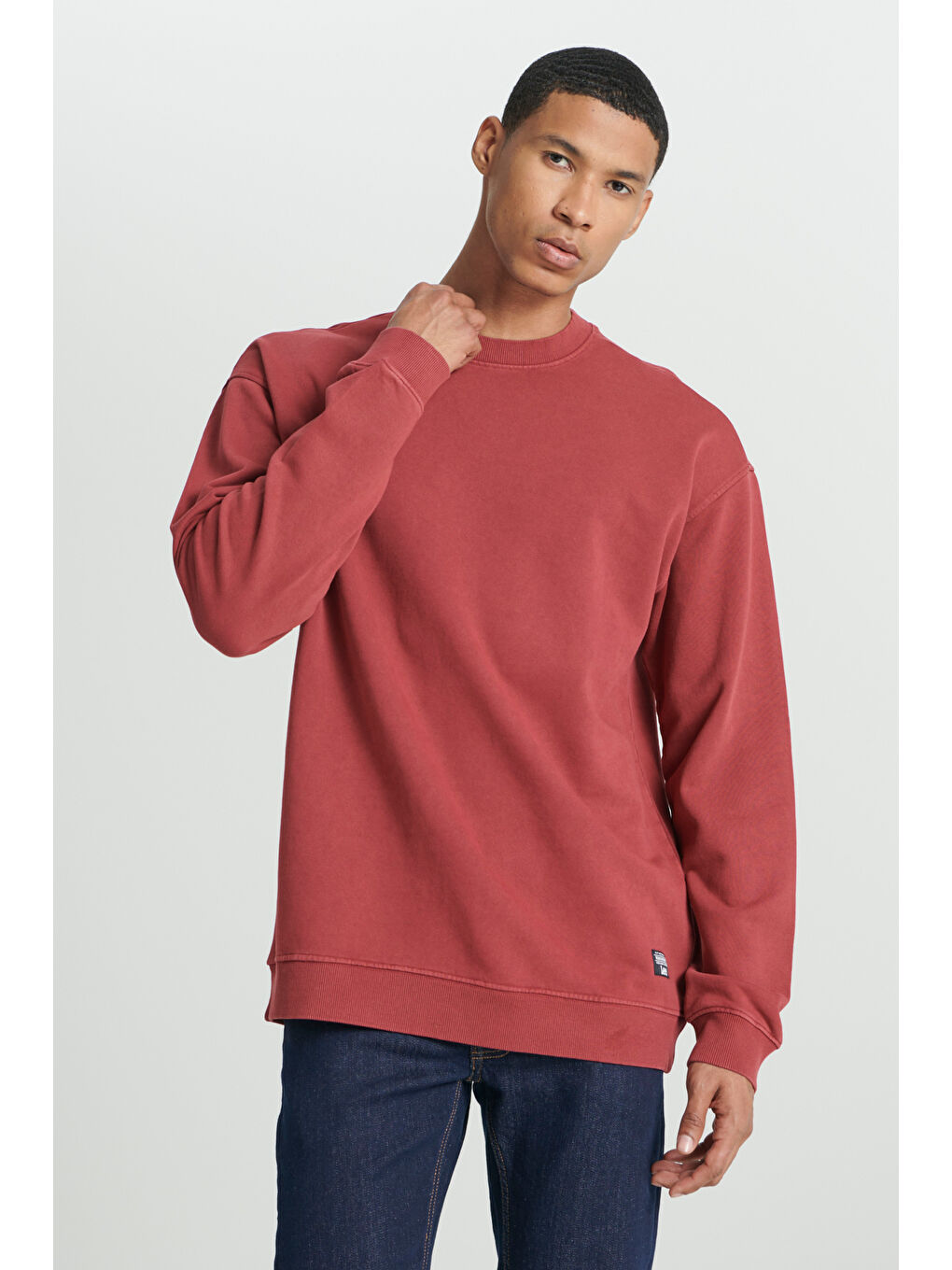 Pembe Loose Fit Rahat Kesim Bisiklet Yaka %100 Pamuk Gül Kurusu Sweatshirt-1