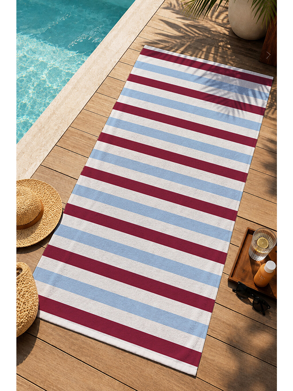Retro Bordo Mavi Yatay Çizgili Desenli 70x150 Plaj Havlusu - Dijital Baskılı Solmaz Banyo Havlusu-3