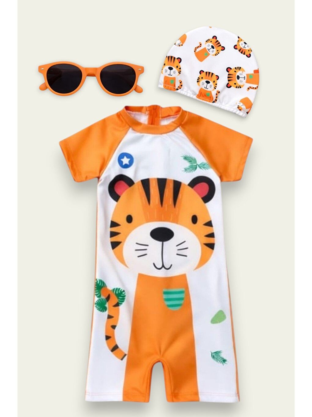 Turuncu Çocuk Desenli Mayo Takımı - Bone ve Güneş Gözlüğü Hediyeli 2'li Set 12713