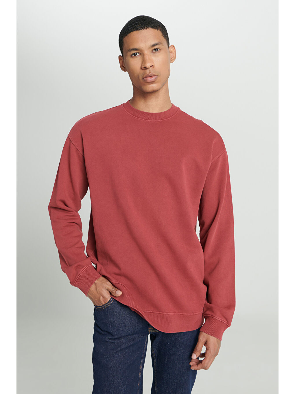 Pembe Loose Fit Rahat Kesim Bisiklet Yaka %100 Pamuk Gül Kurusu Sweatshirt-2