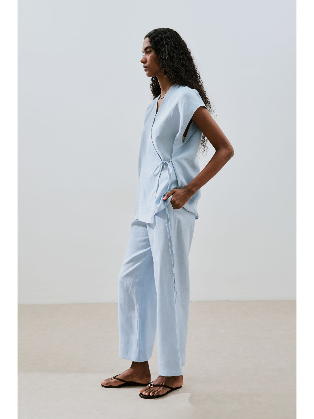 Keten Kolsuz Bluz Mavi-3