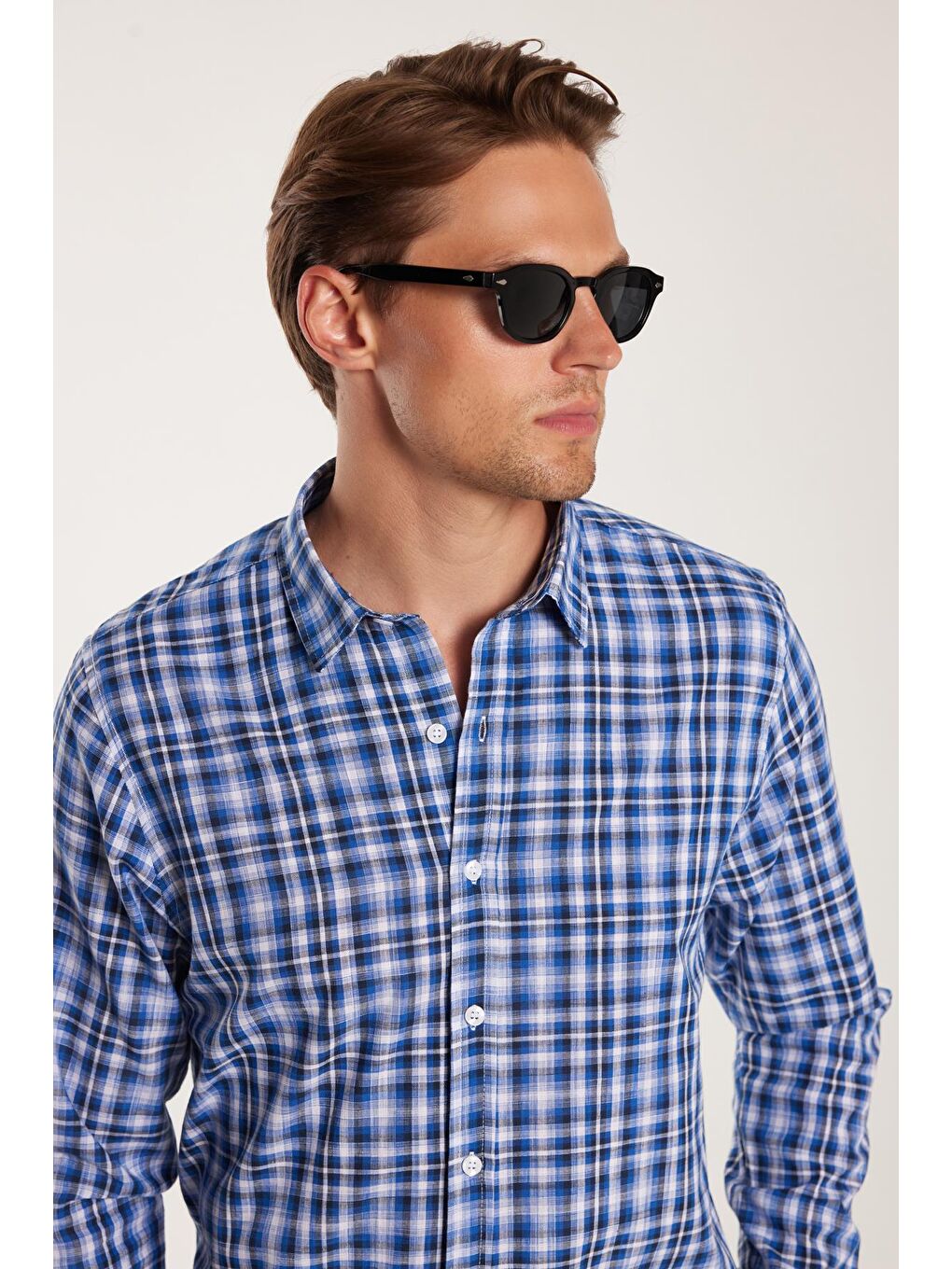 Karışık Erkek Slim Fit Dar Kesim %100 Pamuk Keten Doku Kareli Gömlek-1