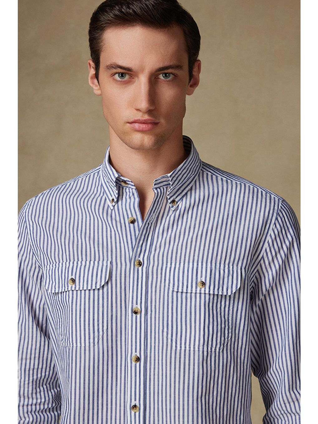 Alba Keten Pamuk Keten Karışımlı Comfort Fit Lacivert Düğmeli Yaka Erkek Çizgili Gömlek-2
