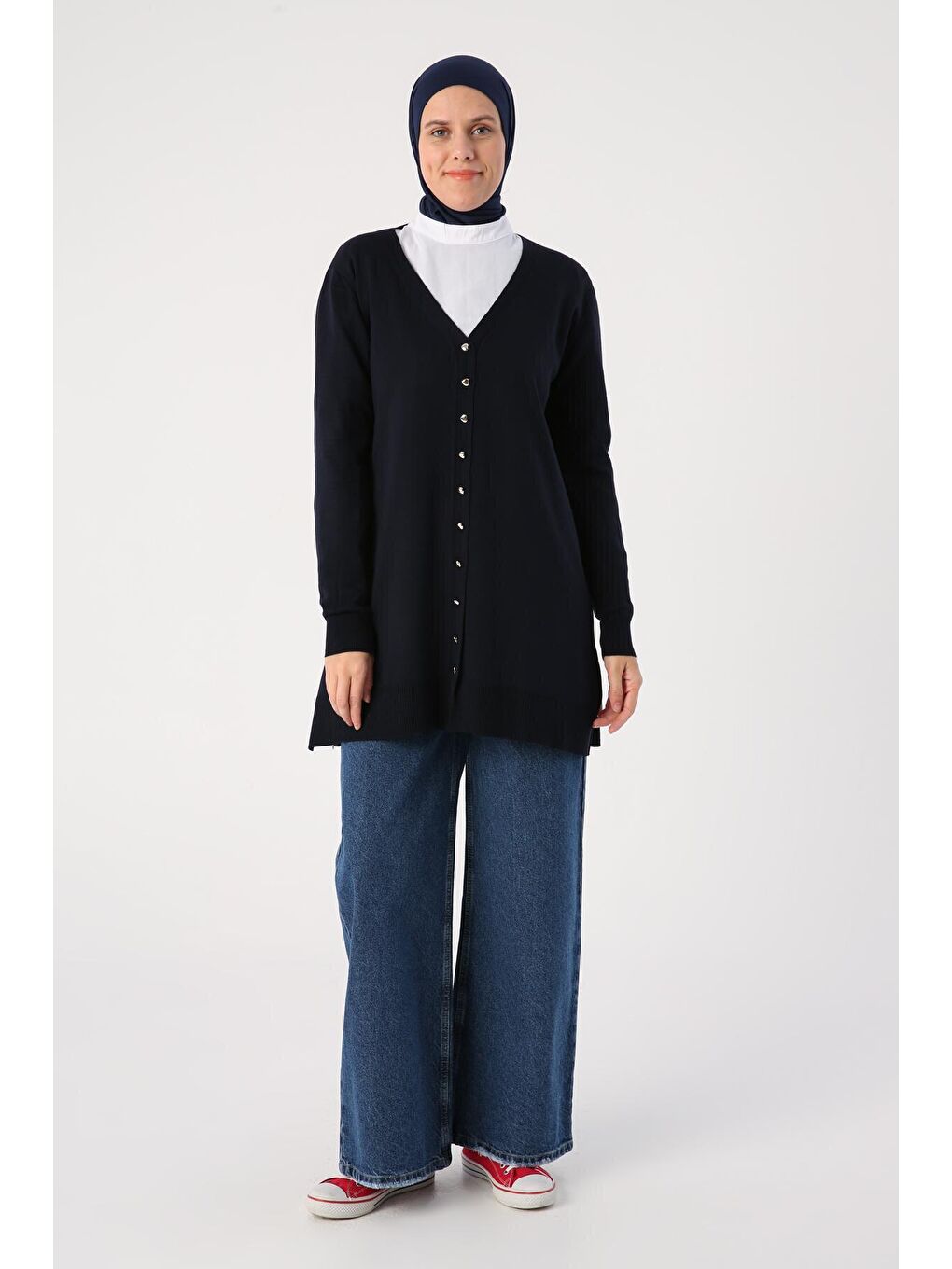 Lacivert V Yaka Uzun Triko Hırka-4