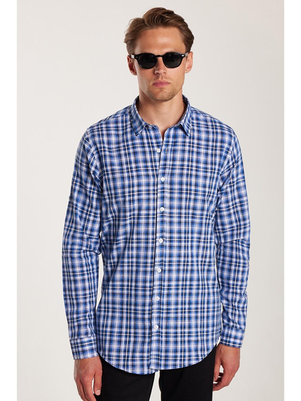 Karışık Erkek Slim Fit Dar Kesim %100 Pamuk Keten Doku Kareli Gömlek-3