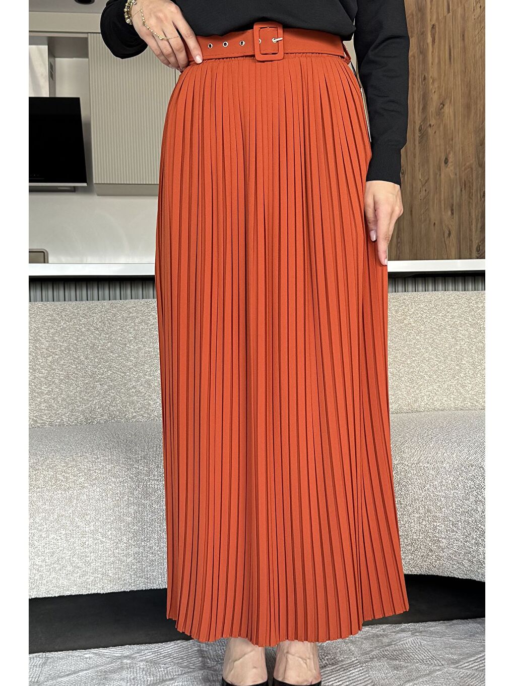 Kahverengi Kemerli Pileli Tesettür Etek (s,m,l,xl Uyumludur)-1