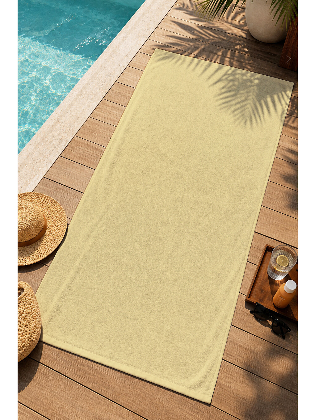 Minimal Düz Pastel Sarı Tek Renk Desenli 70x150 Plaj Havlusu - Dijital Baskılı Solmaz Banyo Havlusu-4