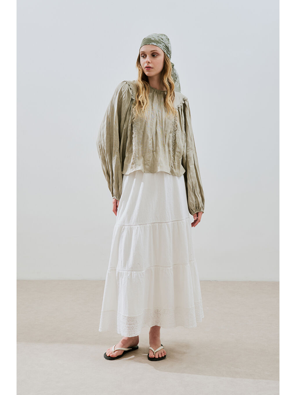 Keten Crush Efektli Bluz Yeşil