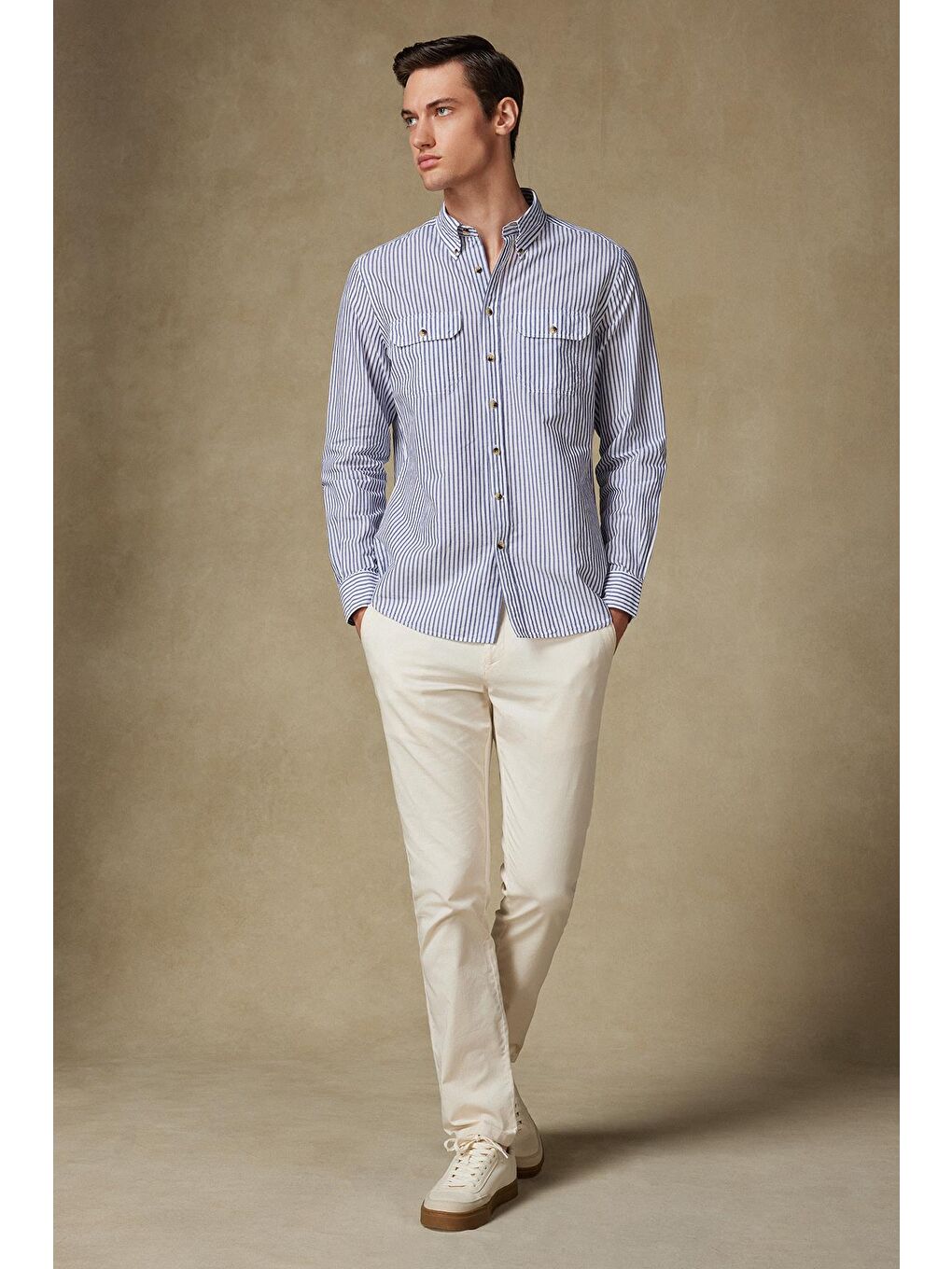 Alba Keten Pamuk Keten Karışımlı Comfort Fit Lacivert Düğmeli Yaka Erkek Çizgili Gömlek-3