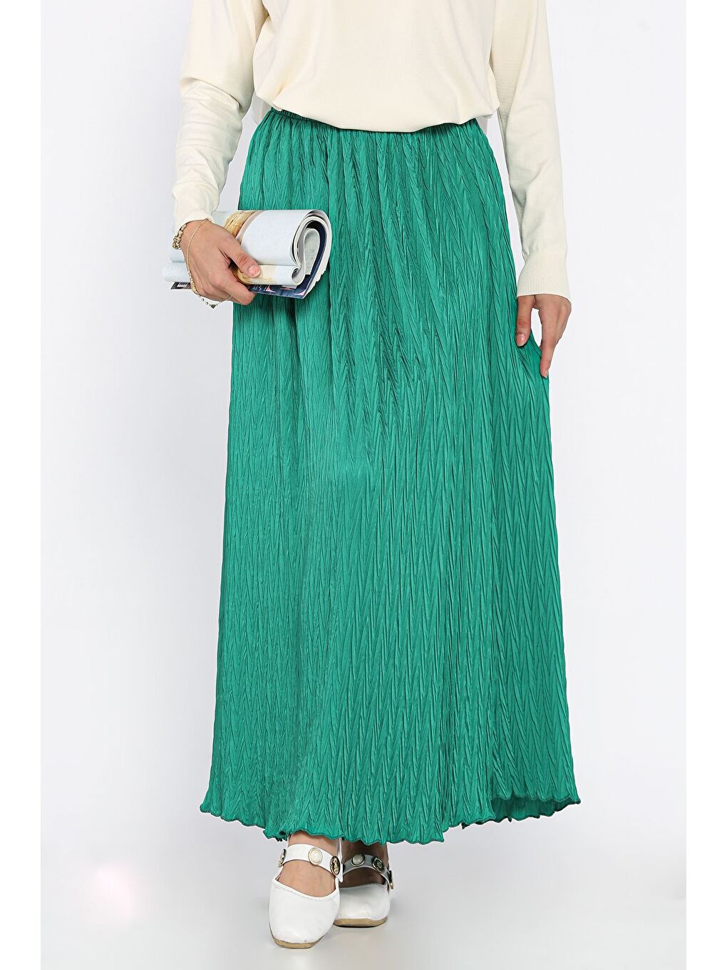 Yeşil Bel Lastikli Kendinden Desenli Tesettür Etek(s,m,l,xl Uyumludur)-1