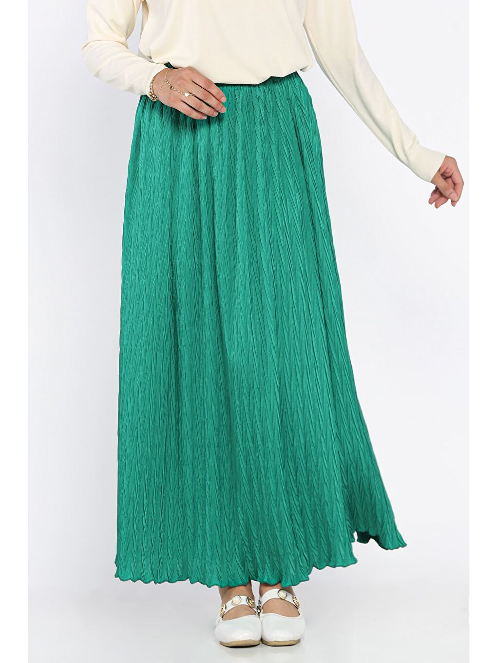 Yeşil Bel Lastikli Kendinden Desenli Tesettür Etek(s,m,l,xl Uyumludur)-2