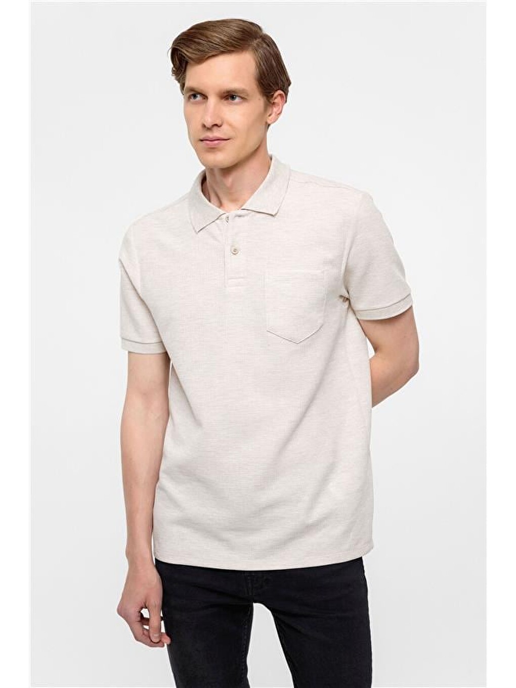 Bej Regular Armürlü Polo Yaka Tişört-1