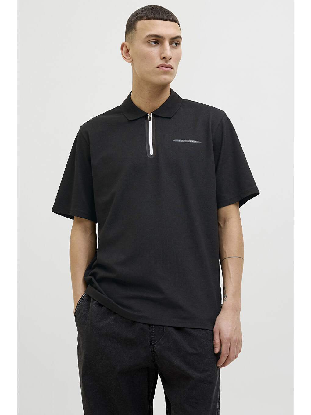 Siyah Core Jcofusion Pamuklu Regular Fit Yarım Fermuarlı Polo Yaka Erkek Tişört 12273127